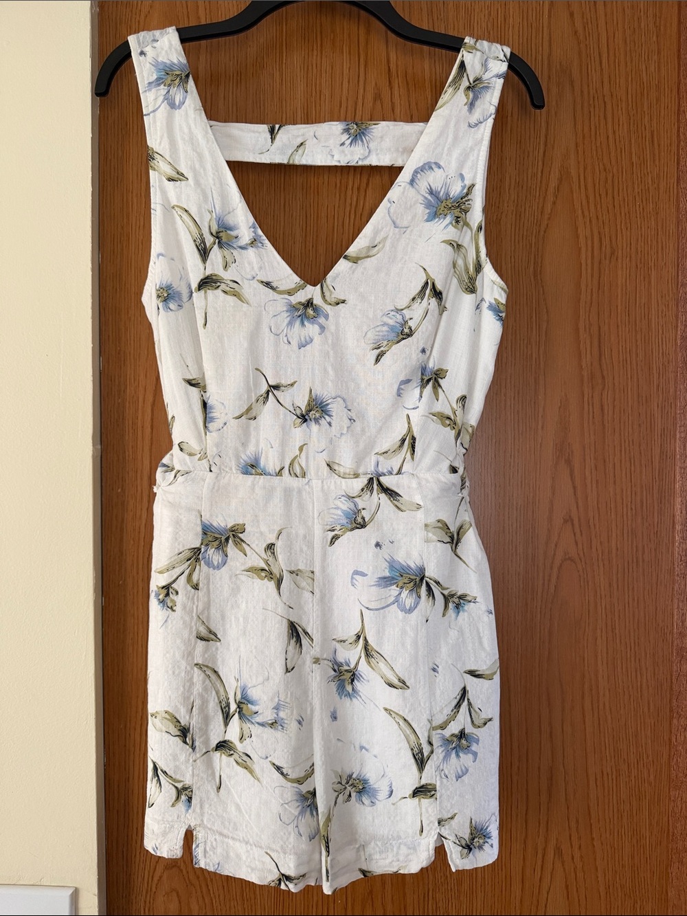 Floral V-Neck Linen Blend Romper- White with Blue Floral